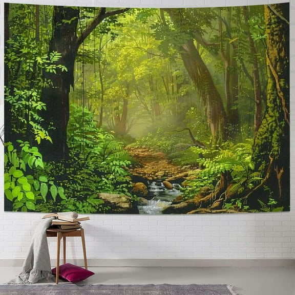 PRATYUS Forest Tapestry Nature Tree Cave Tapestry Wall Hanging Misty Forest Tapestry Stream Through Rainforest Tapestry Landscape Wall Tapestry Jungle Creek Psychedelic for Living Room