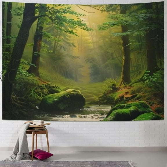 PRATYUS Forest Tapestry Nature Tree Cave Tapestry Wall Hanging Misty Forest Tapestry Stream Through Rainforest Tapestry Landscape Wall Tapestry Jungle Creek Psychedelic Tapestry Painting