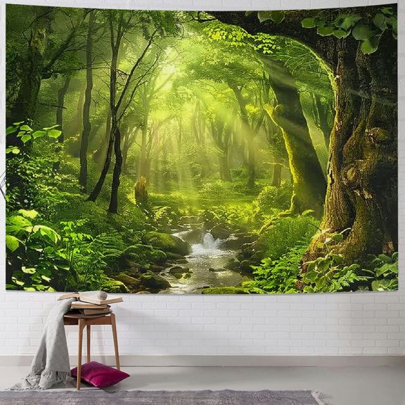 PRATYUS Forest Tapestry Tree Cave Nature Tapestry Wall Hanging Misty Tree Tapestry Jungle Creek Psychedelic Landscape Tapestry Sunshine Through Tree Tapestries for Bedroom Living Room Dorm Painting
