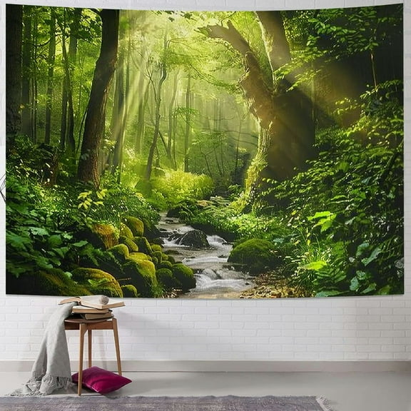 PRATYUS Forest Tapestry Tree Cave Nature Tapestry Wall Hanging Misty Tree Tapestry Jungle Creek Psychedelic Landscape Tapestry Sunshine Through Tree Tapestries for Bedroom Living Room Dorm Painting