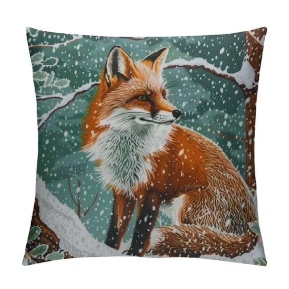 PRATYUS Fox Throw Pillow Cushion Cover, Red Fox Sitting in Winter Forest Snow Covered Pine Trees Xmas Cartoon, Decorative Square Accent Pillow Case 20x20in