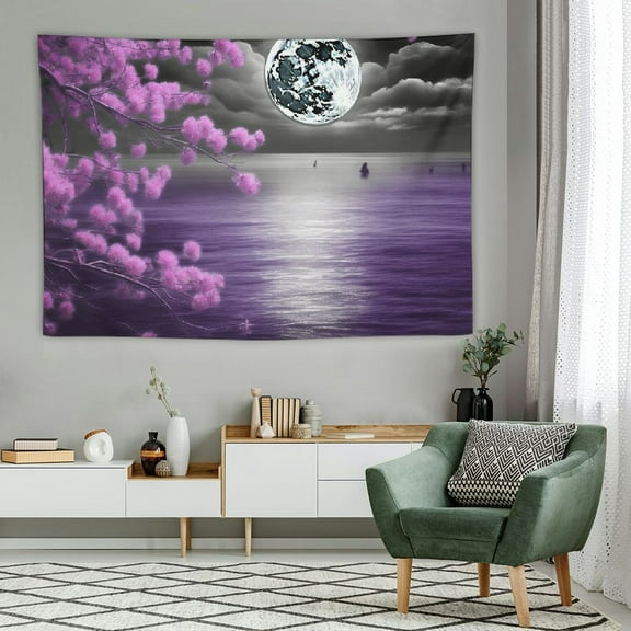 PRATYUS Full Moon Over Ocean Tapestry Wall Hanging, Purple Japanese Cherry Blossom Wall Tapestry, Fantasy Asian Scenery Tapestry for Bedroom Living Room Dorm Home Decor, 60x40 Inch 60x40in