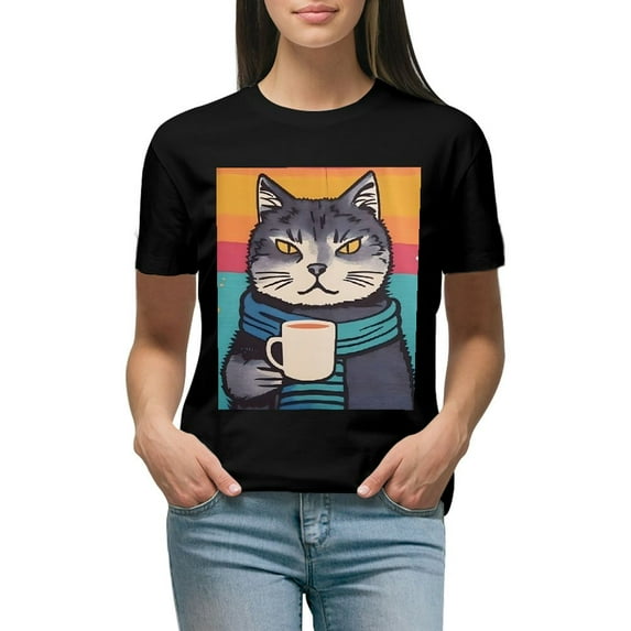 PRATYUS Funny Cat Shirt Cat & Coffee Graphic Tees Short Sleeve Crewneck T Shirts for Women Men AP06-04 Black