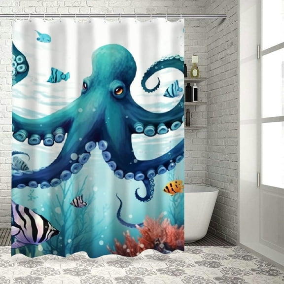 PRATYUS Funny Octopus Shower Curtain Bathroom Teal Blue Sea Ocean Underwater Animal Cartoon Turtle Anchor Fish Coral Bath Accessories Nautical Art Home Decor Fabric 36x72