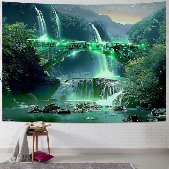 PRATYUS Galaxy Mountains Space Tapestry Wall Hanging, Aurora Polaris Nature Waterfall Landscape Wall Art Tapestry, Green Northern Lights Backdrop for Bedroom Living Room Painting