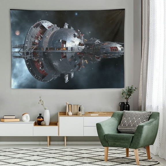 PRATYUS  Galaxy Tapestry, Spaceship in Interstellar Travel on a Galactic Starfield Alien Fantasy Science Fiction, Wide Wall Hanging for Bedroom Living Room Dorm,60x40 Inch, Black Silver 60x40in