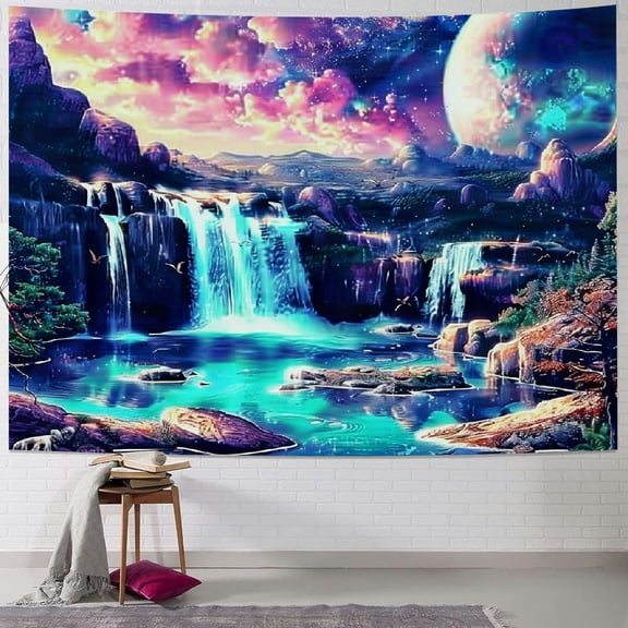 PRATYUS Galaxy Tapestry Trippy Planet Tapestry Waterfall Landscape Tapestry Fantasy Mountain Wave Wall Tapestry Mysterious Neon Plants Wall Hanging for Room 60x50inch