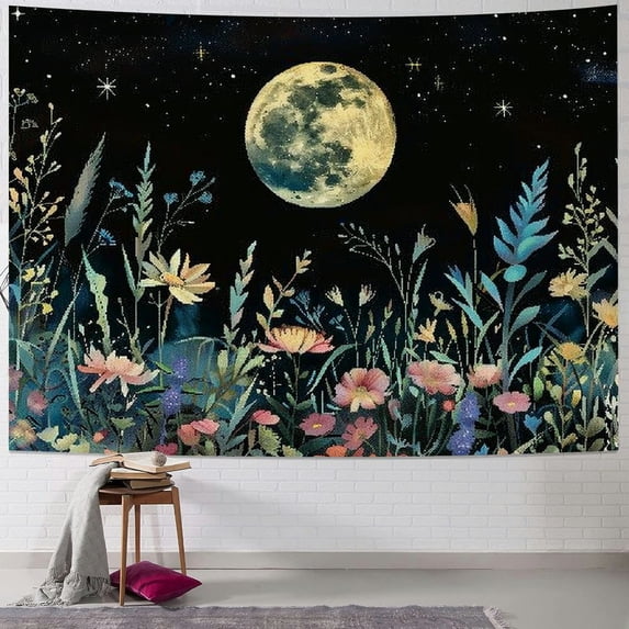 PRATYUS Garden Tapestry Moon Tapestry Flower Tapestry Colorful Plants Tapestry Black Tapestry Wall Hanging Decor for Room Painting