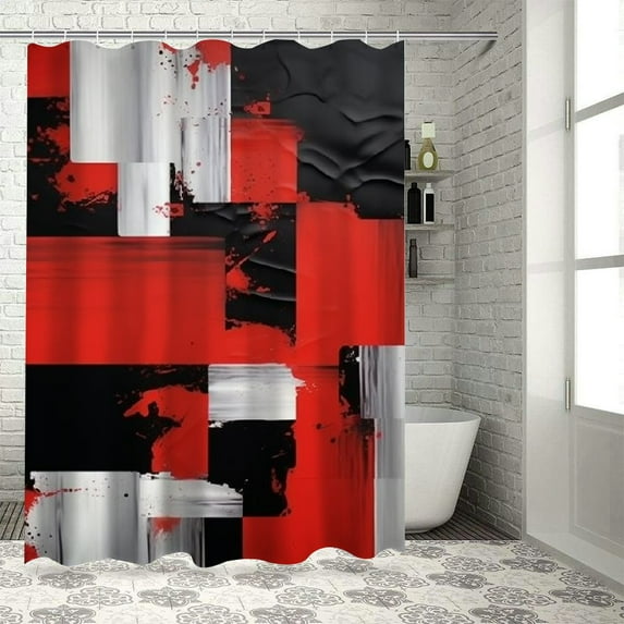 PRATYUS Geometric Shower Curtain Red Grey Black White Geometry 3D Square Abstract Modern Minimalist Bathroom Decor Polyester Curtains Set with Hook 60x72