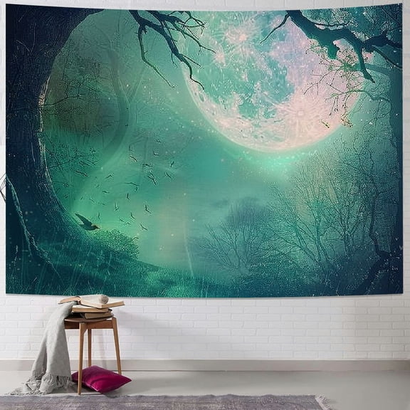 PRATYUS Gothic Tapestry, Misty Horror Image of Autumn Valley with Woods Spooky Tree and Full Moon Scenery, Wall Hanging for Bedroom Living Room Dorm,Multi Size Painting