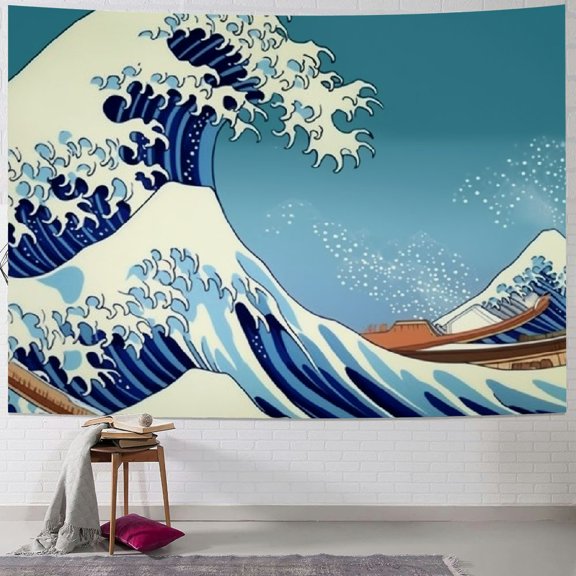 PRATYUS  Great Wave Tapestry for Bedroom Wall Hanging Art Large Wall Decor with Hemmed Edges, Ocean Tapestry The Great Wave Off Kanagawa with Fuji Mountain, Blue 40x60inch