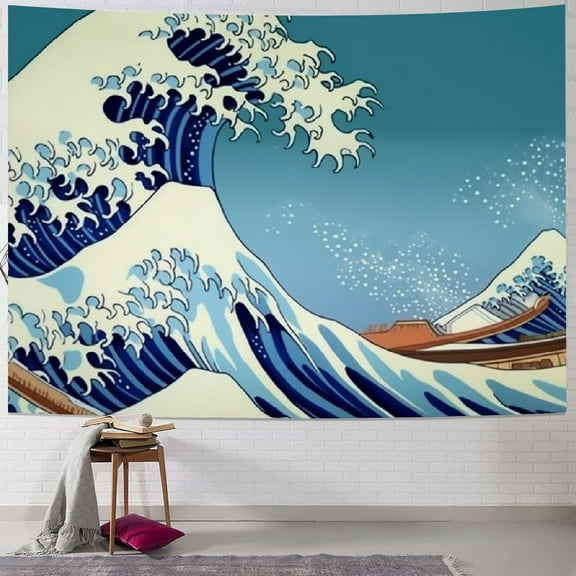 PRATYUS Great Wave Tapestry for Bedroom Wall Hanging Art Large Wall Decor with Hemmed Edges, Ocean Tapestry The Great Wave Off Kanagawa with Fuji Mountain, Blue 50x40inch