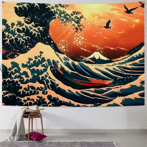 PRATYUS The Great Wave Tapestry Japanese Ocean Sea Wave Tapestries Vintage Asian Anime Tapestry Aesthetic Tapestry Mountain Sunset Tapestry Wall Hanging for Room Painting