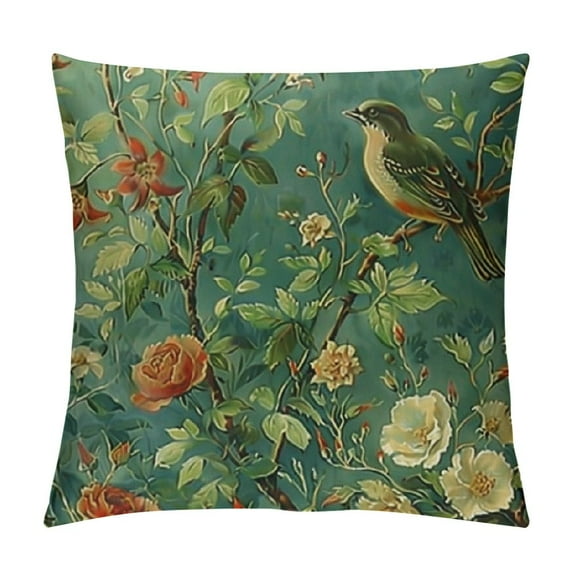 PRATYUS Green Chinoiserie Pillow Cover Vintage Bird Flower Throw Pillow Covers Farmhouse Floral Decorative Pillowcase Outdoor Square Cushion Cover for Couch Sofa Bedroom Decor 12x12in