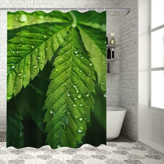 PRATYUS Green Leaf Water Droplets Shower Curtain Set with Hooks - Bathroom Decor, 100% Polyester Fiber, Various Sizes 36"x72