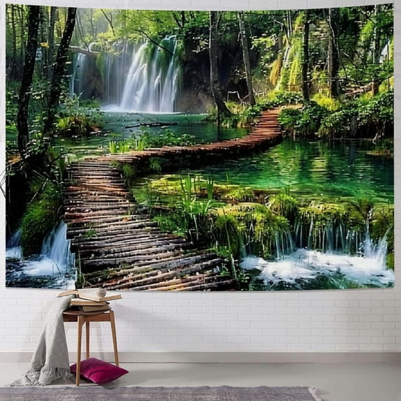 PRATYUS Green Nature Landscape Tapestry Rainforest Tapestry Waterfall Tapestries RiverBridge Wall Hanging Tapestry For Living Room Bedroom Dorm Home Decor Painting