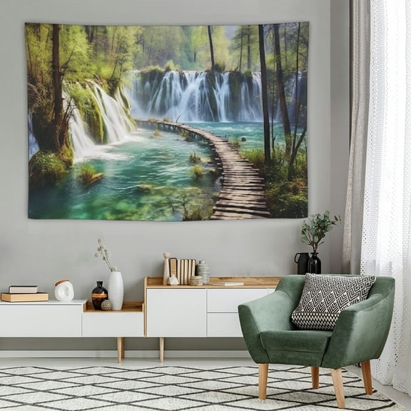 PRATYUS Green Nature Tapestry Rainforest Waterfall Landscape Tapestry River Wooden Bridge Scene Wall Hanging Tapestry for Bedroom 60x40 Inch 60x40in