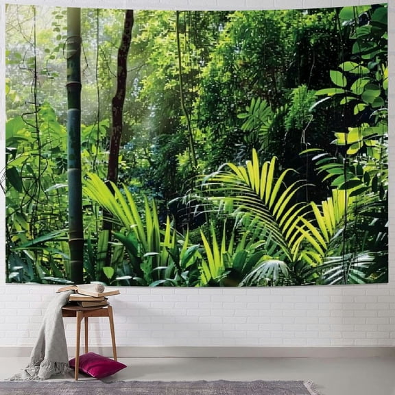 PRATYUS Green Tapestry, Krabi Thailand Forest Jungle Wild Life Nature Palms Leaves Trees Artwork Print, Wide Wall Hanging for Bedroom Living Room Dorm, Forest Green 40x30inch