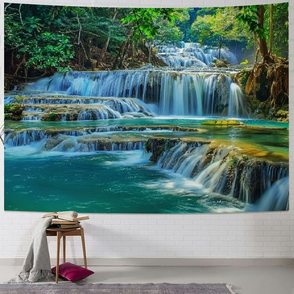 PRATYUS Green Waterfall Tapestry Forest Water Stone River Scenic Tropical Jungle Trees Wild Plant Nature Landscape Wall Hanging Bedroom Living Room Hanging Decorative Blanket 40x30inch