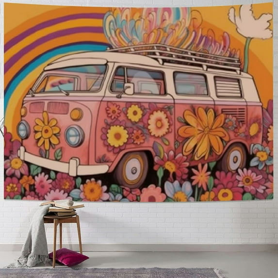 PRATYUS Groovy 70s Retro Hippie Tapestry Wall Hanging - Hippy Art Wall Decor, Daisy Flower Peace Sign, Aesthetic Funky Wall Blanket Decor for Teen Girl Bedroom College Dorm 40x30inch