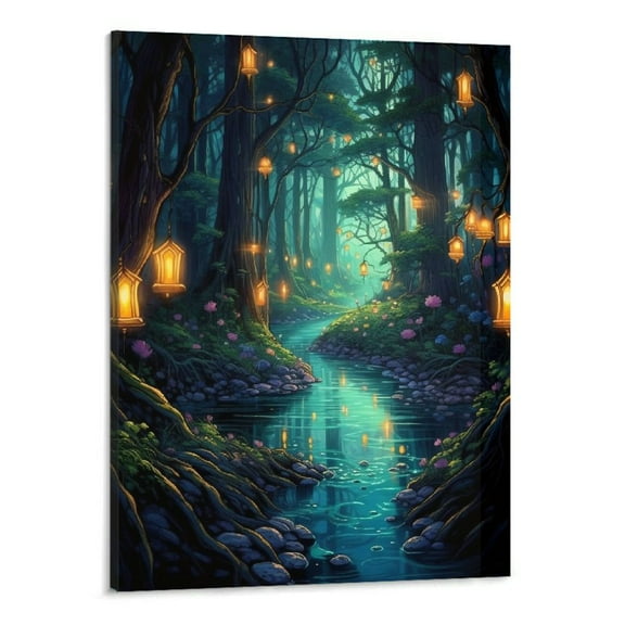 PRATYUS  Halloween Fantasy Forest Canvas Wall Art, Magic Cool Lanterns on Trees Blue Poster for Room Aesthetic, Fairy Wonderland Dark Night Fireflies River Picture Print Decor 16x20 Inch