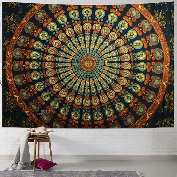 PRATYUS Handmade Indian hippie Bohemian Psychedelic Peacock Mandala Wall hanging College Dorm Beach Throws Table Cloth Bedding Tapestry 40x30inch