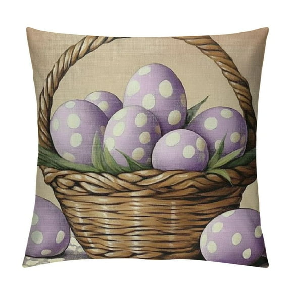 PRATYUS Happy Easter Bunny Christian Decorative Throw Pillow Covers, Eggs Purple Outdoor Home Decor, Spring Stripes Polka Dot Couch Cushion Case 24x24in