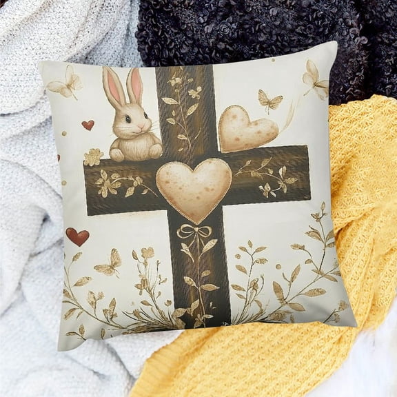 PRATYUS Happy Easter Throw Pillow Covers Brown Bunny Rabbit Eggs Cross Spring Decorative Pillows Soft Cushion Cases for Couch Sofa Bed Home Decor 18x18in