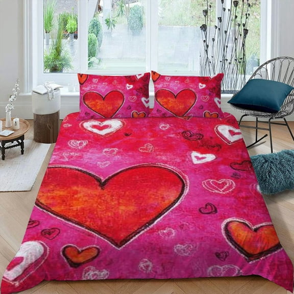 PRATYUS Heart Love Naive Art 3-Piece Bedding Set, Modern Bedroom Home Decor, High-Quality Sleep Experience 87x68in