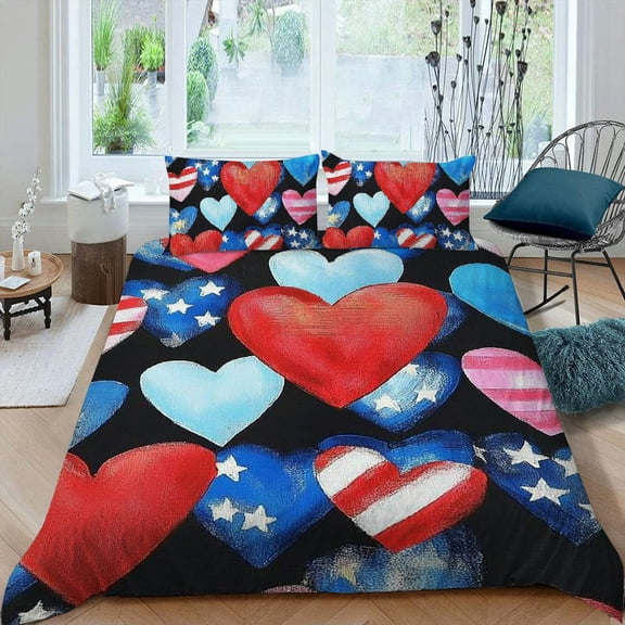 PRATYUS Hearts American Flag Pop Art 3-Piece Bedding Set, Lightweight and Soft, Bedroom Home Decor 87x68in