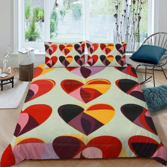 PRATYUS Hearts Pattern Bold Shapes 3-Piece Bedding Set, High-Quality Peach Skin Fabric for Bedroom Home Decor 87x68in