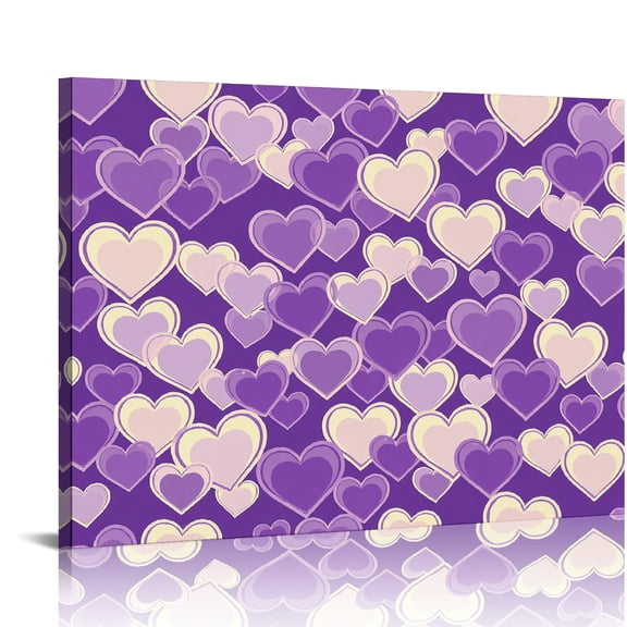 PRATYUS Hearts Pattern Purple Canvas Wall Art Ready To Hang Decor 16x12in