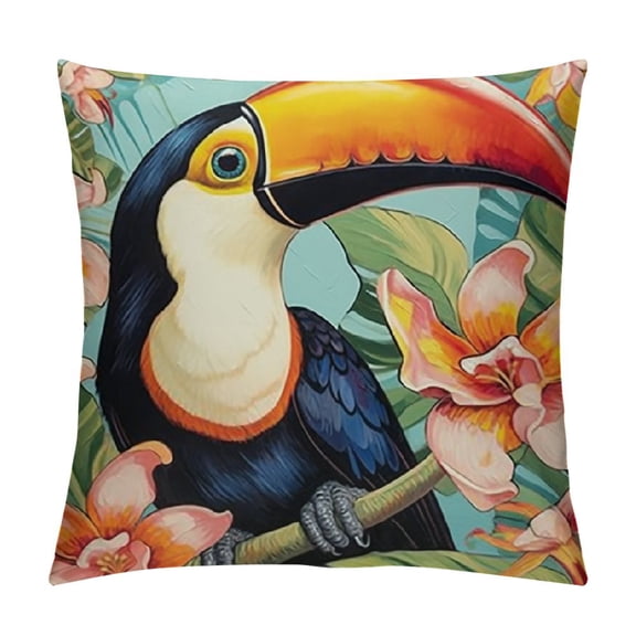 PRATYUS Hello Summer Vibes Decorative Throw Pillow Covers, Tropical Toucan Flamingo Palm Leaves Cushion Case Decor, Hawaii Hibiscus Flower Colorful Stripes Seasonal Home Decoration 22x22in