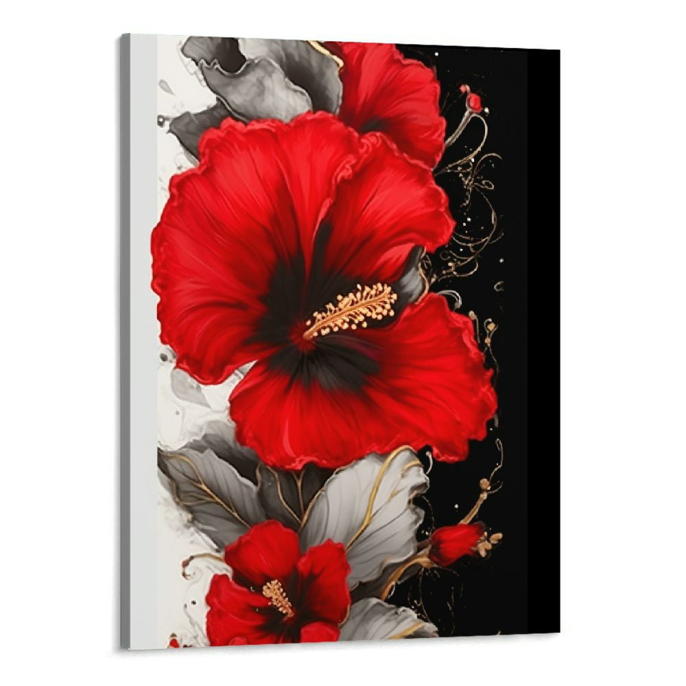 PRATYUS Hibiscus Flower Paintings Black and Red Tropical Floral Canvas
