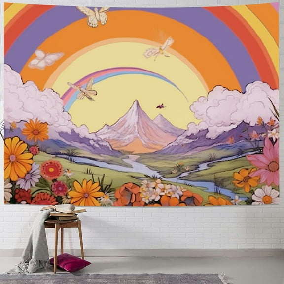 PRATYUS Hippie Groovy Wall Tapestry for Bedroom Aesthetic, Boho Orange 70s Retro Cute Room Decor Tapestries for Girls, Vintage Pink Sun Mushroom Wall Hanging for Room Dorm 50x40inch