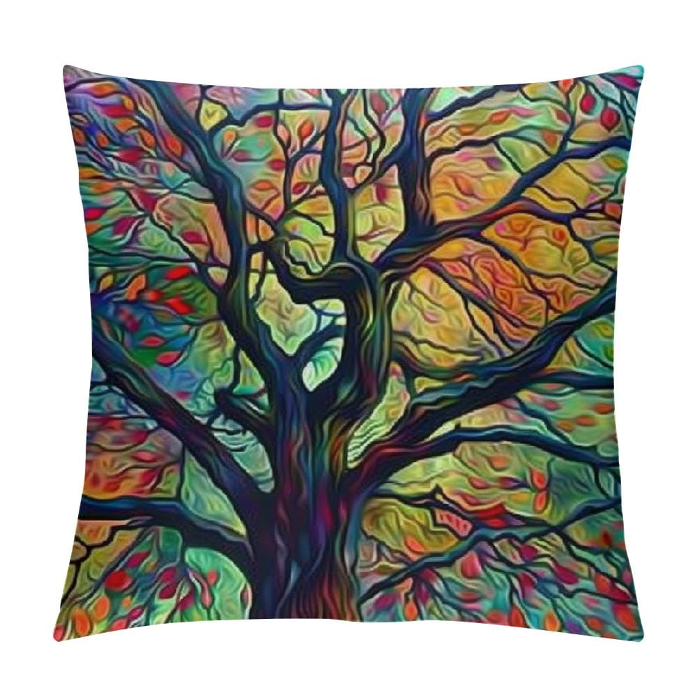 PRATYUS Hippy Pattern Square Throw Pillow Covers, Hippie Colorful Tree