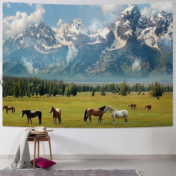 PRATYUS  Horse Tapestry, Grand Teton National Park Snowy Mountains Fresh Greenery Trees Animals, Wide Wall Hanging for Bedroom Living Room Dorm, Multi Size, Green and Pale Blue Painting