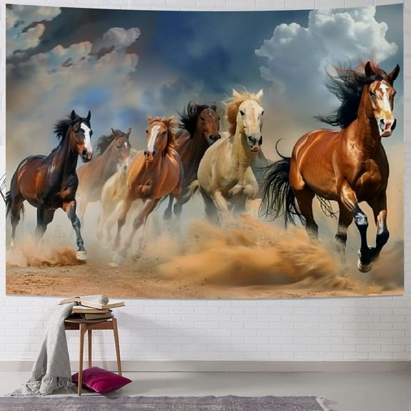 PRATYUS Horses Tapestries, Galloping Wild Farm Animal Running Desert Steed Lovely Painting Wall Art Decor Wall Hanging, Men Guys Tapestry for Bedroom Room Home Dorm, Multi Size Painting