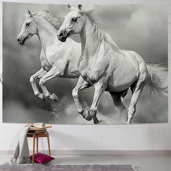 PRATYUS Horses Tapestry, Running Horses Symbolizing Passion for Freedom Creatures Photo Print, Wide Wall Hanging for Bedroom Living Room Dorm,Multi Size, Off White Black Painting