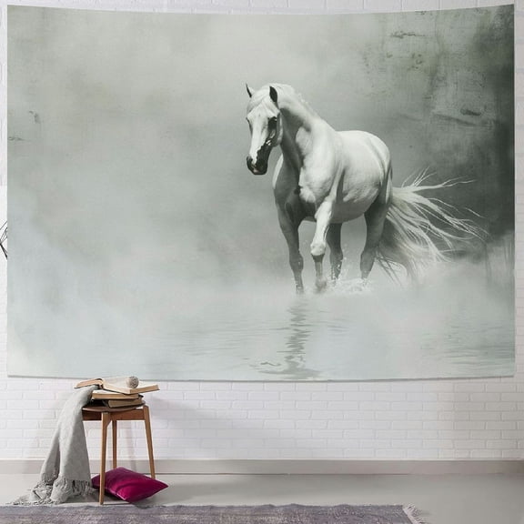 PRATYUS Horses Tapestry, Wild Horse Running Through Water Dramatic for the Motivation of Life Art, Wide Wall Hanging for Bedroom Living Room Dorm, Multi Size, Black and White Painting