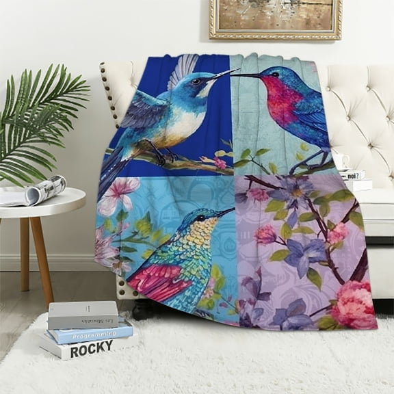 PRATYUS Hummingbird Floral Blanket Spring Flowers Gifts for Women Girls Mom Wife Birthday Mother's Day Presents Home Bedroom Flowers Bird Decor Soft Cozy Throw Blanket Blue 50x60in