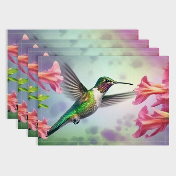 PRATYUS Hummingbird Flower Sky Linen Cloth Placemats Set of 4 for Dining Table, Birthday Parties, Christmas, Restaurants, Buffets - Home Decoration 18x12in