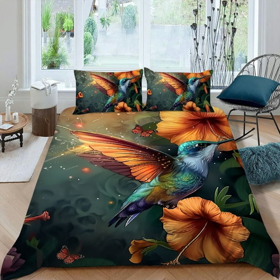PRATYUS Hummingbird Flowers Butterfly 3-Piece Bedding Set - Soft Peach Skin Fabric, Zipper Closure, Single Sided Printing, Ideal for Bedroom and Guest Room Decor 87x68in