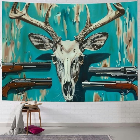 PRATYUS Hunting Deer Tapestry,Wild Animals Wall Blanket Rustic Paisley Farmhouse Cow Fur Print Wall Hanging Art,Kids Teens Turquoise Graffiti Wooden Barn Porch Hangings Living Room Painting