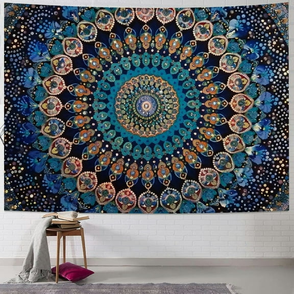 PRATYUS Indian hippie Bohemian Psychedelic Golden Blue Peacock Mandala Wall hanging Bedding Tapestry (Blue Green, Poster 60x50inch