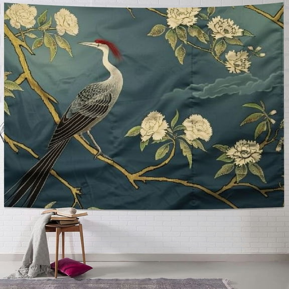 PRATYUS Japanese Crane Tapestry Red Sun Tapestries Cherry Blossom Tapestry Asian Sakura Aesthetic Wall Hanging Retro Tapestries for Bedroom Dorm Decor Painting