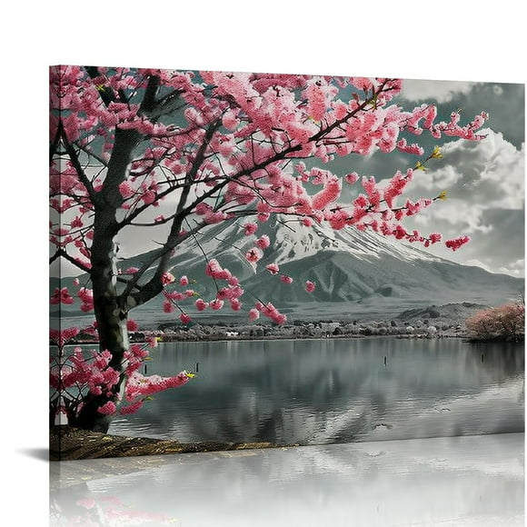 PRATYUS Japanese Mount Fuji Canvas Wall Art Black and White Cherry Blossom Picture Painting Decor for Home Office Bedroom Living Room Decor Frame 20x16in
