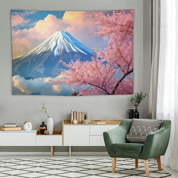 PRATYUS Japanese Pink Sakura Tapestry Cherry Blossoms Mountain Fuji Japan Wall Hangings Tapestry for Bedroom Living Room Dorm Man Cave Background 60x40 Inch 60x40in