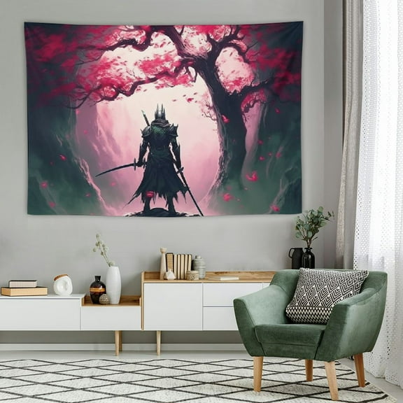 PRATYUS Japanese Samurai Tapestry for Bedroom Aesthetic Full Moon Cherry Blossom Tree Warrior Asian Oriental Room Wall Tapestry 60x40 Inch Japan Art Tapestry for Dorm Office Home Decor 60x40in