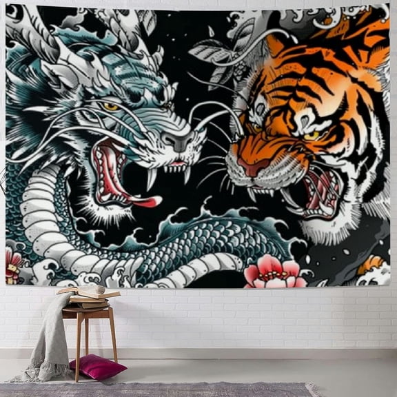 PRATYUS  Japanese Tapestry Dragon And Tiger Maple Leaf Tapestries Oriental Fantasy Mythology Animal Wall Hanging Asian Art Wall Blankets Home Aesthetics Living Room Bedroom Decor  40x60inch